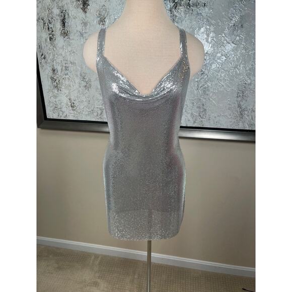 MICHAEL LO SORDO Cross Drape Chain Mail Mini Dress in Silver Size 6 - Picture 2 of 12